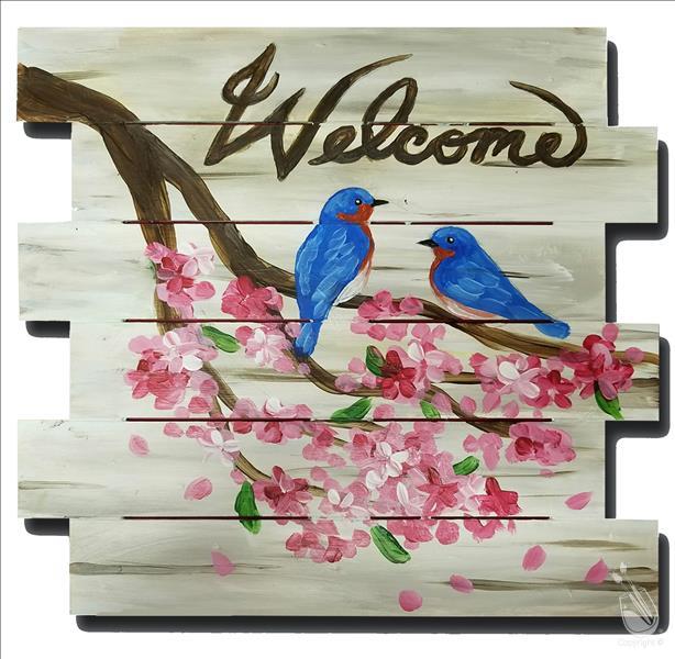 Bluebird Welcome (Adults) shown on shiplap