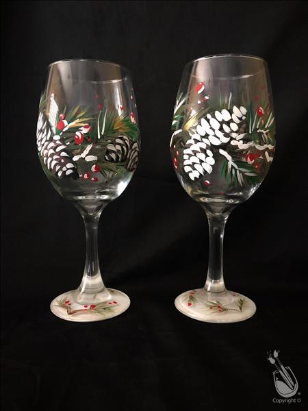 Wine Glass Set - Holiday Pine Cones