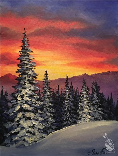 Sunset over Snowy Pines