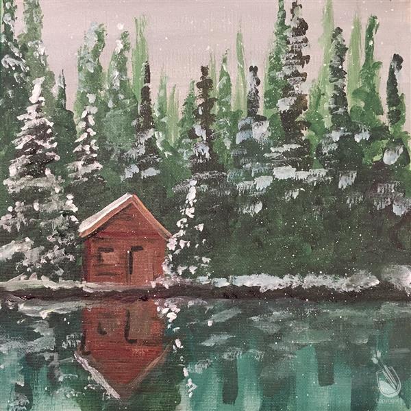 Snowy Cabin Reflection