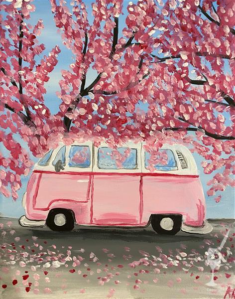 VW Bus Under Pink Blooms