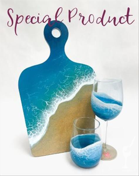 Beach Cutting Board and Wine Glass Set