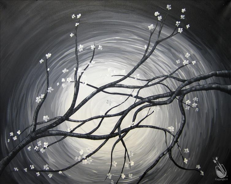 How to Paint Black and White Moonlit Cherry Blossoms