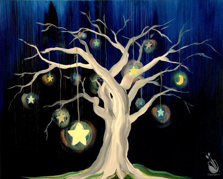 Tree of life glowing star like at night | Canvas Print