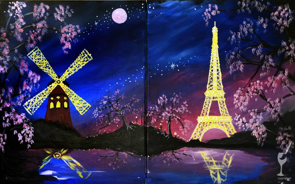 Paris Under a Pink Moon--Single Canvas or Set!
